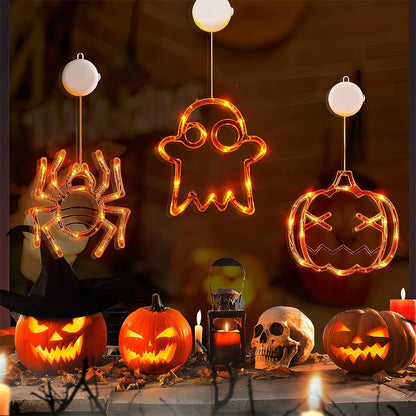 Halloween LED Window Hanging Lights: Spider, Pumpkin, and Ghost Decorations for a Spooky Atmosphere