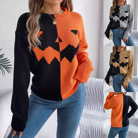 Halloween Contrast-Color Pullover Sweater