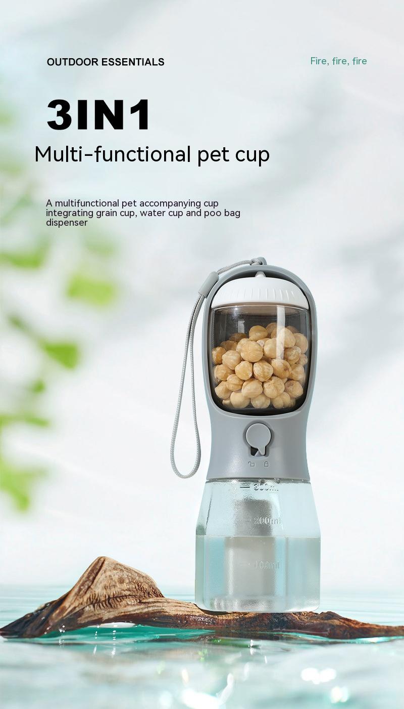 Three-in-One Portable Dog Water Cup: Drinking, Food, and Waste Bag Dispenser