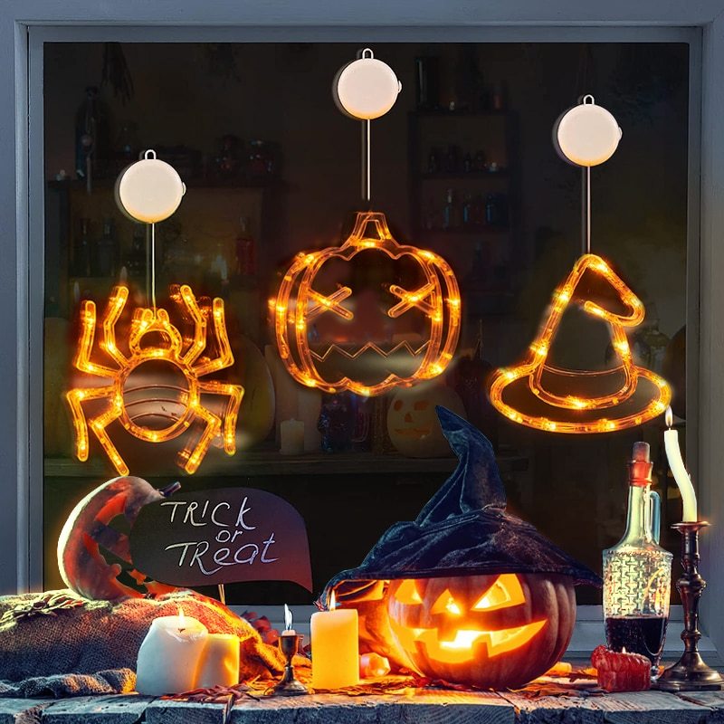 Halloween LED Window Hanging Lights: Spider, Pumpkin, and Ghost Decorations for a Spooky Atmosphere